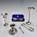 An Elkington epns christening spoon and fork, cased, a filled silver spill with Artist's Rifles