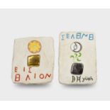 Joe TILSON (1928) TO HELIOS and TO SELENE A pair of Maiolica relief panels Signed and editioned to