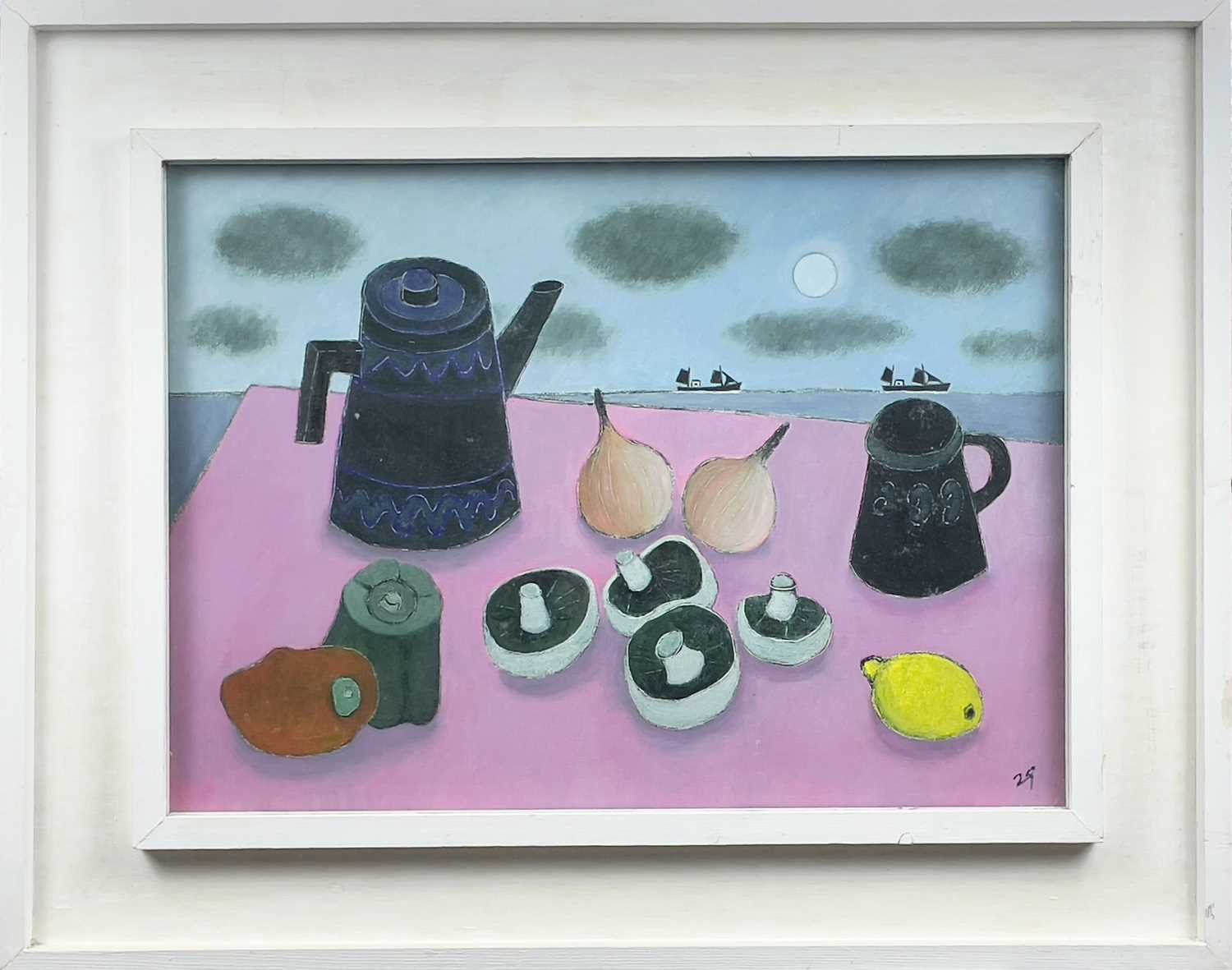 Joan GILLCHREST (1918-2008) Still Life with Mushrooms and Distant Moonlit Boats Oil on board