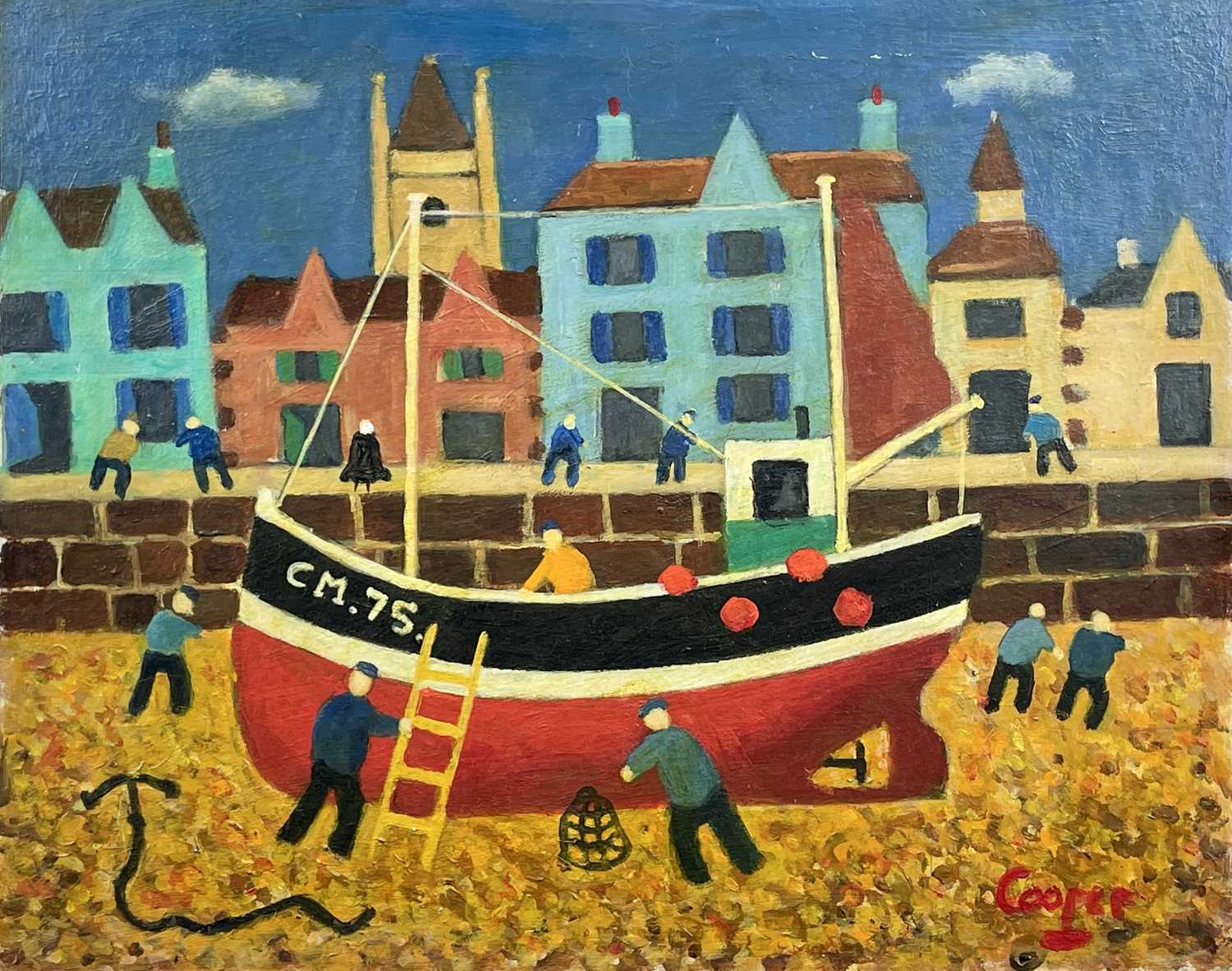 William COOPER (1923 - 2011) Beached Brittany Trawler Oil on board Signed Inscribed to verso 30.5