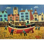 William COOPER (1923 - 2011) Beached Brittany Trawler Oil on board Signed Inscribed to verso 30.5