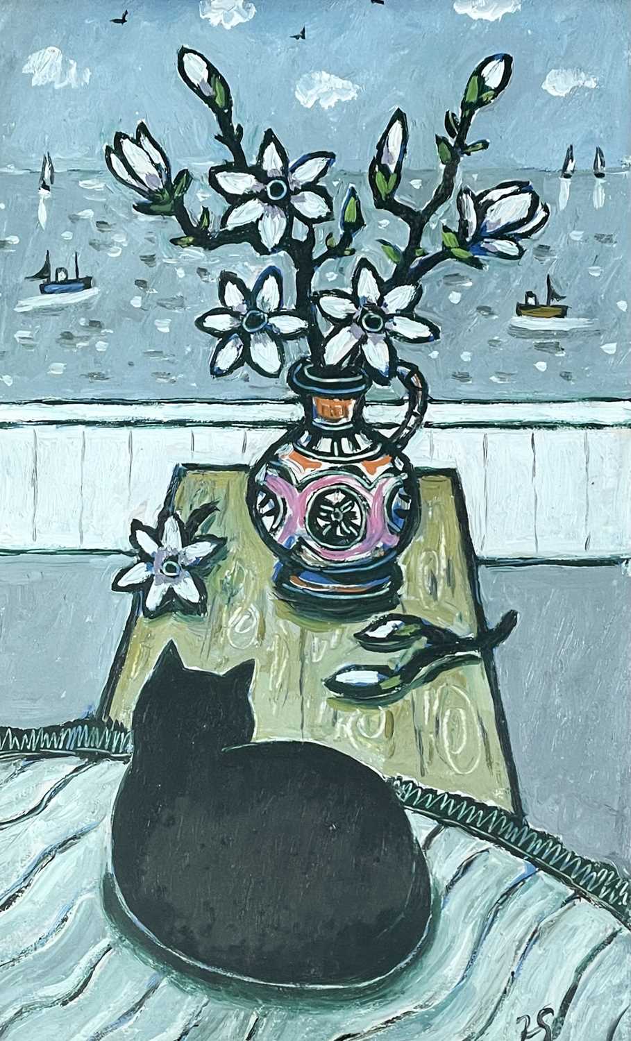 Joan GILLCHREST (1918-2008) The Watchful Cat Oil on board Monogrammed 27 x 16.5cm