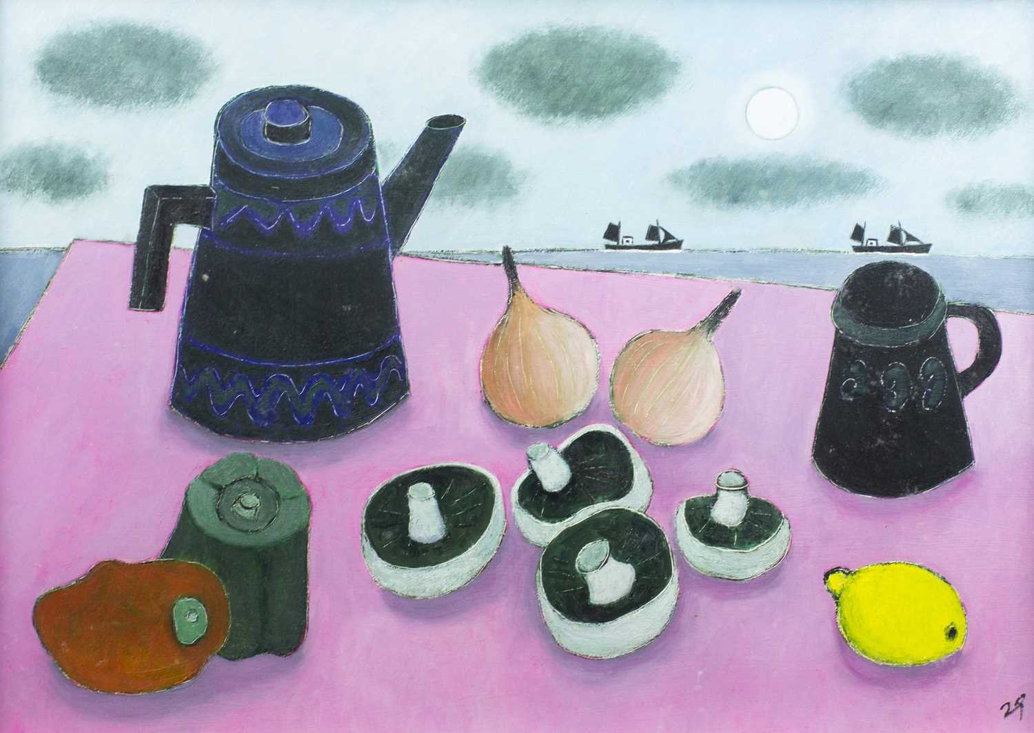 Joan GILLCHREST (1918-2008) Still Life with Mushrooms and Distant Moonlit Boats Oil on board - Image 2 of 3