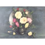 George Leslie Reekie, oil on board signed, still life vase of roses 49cm x 70cm