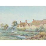 Thomas Edward Francis (1899-1912), watercolour signed, lady feeding geese before country cottages