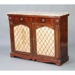 A Regency mahogany chiffonier with pink veined marble top, the base fitted a drawer above arched