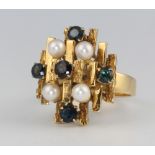 A stylish 1970's 18ct yellow gold sapphire and pearl ring, size N 1/2, 8.2 grams
