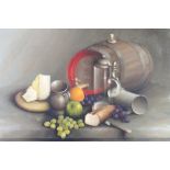 George Leslie Reekie 1964, oil on canvas, still life study, keg of spirits, stein, pewter beer mugs,