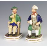 Two Staffordshire figures of seated gentleman holding mugs, raised on octagonal bases 12cm