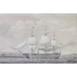 19th Century print of a 3 mast war ship 24cm x 37cm