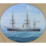 19th Century gouache unsigned, "HMS Monarch", oval 28cm x 33cm