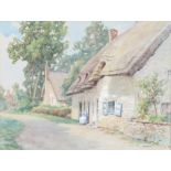 Thomas Edward Francis (1899-1912), watercolour signed, lady sitting before a thatched cottage 21cm x