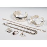 A silver bangle and minor silver jewellery, 100 grams