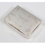 A silver cigarette box with presentation inscription, London 1919, 12cm