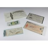 A 1951 five pound note, minor bank notes, cheques etc