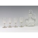 A cut glass oval liqueur decanter and stopper 21cm together with 4 19th Century sherry glasses 12cm