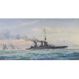 Frank Wood 1916, watercolour signed, HMS Lark?, naval vessels under steam 19cm x 35.5cm