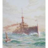 J Halliday, watercolour signed and inscribed "HMS Dreadnought" 24cm x 21.5cm This watercolour is