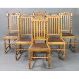 A set of 6 1930's bleached oak stick and rail back dining chairs with spiral turned decoration and