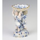 A 19th Century German blue and white table salt in the form of 2 young men holding aloft a bowl