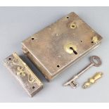 T Pugh & Co London, a 19th Century steel lock complete with key and brass escutcheon 12cm x 18cm x