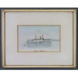 Early 20th Century watercolour unsigned, "HMS Centurion" off Mount Fuji 10cm x 16cm