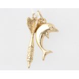 Two 9ct yellow gold charms of a dolphin and a dart, 1.7 grams