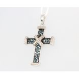 A silver, blue and white diamond cross pendant, 2.9 grams, 35mm