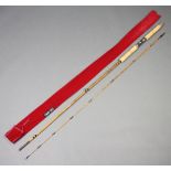 M J Kenny, a handbuilt 10', 2 piece split cane Avon fly fishing rod in red cloth bag