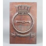 A carved naval plaque marked Pitcairn 37cm x 24cm