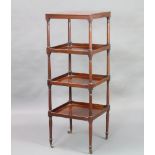 A Victorian square mahogany 4 tier what-not, raised on turned and block supports 129cm h x 46cm w