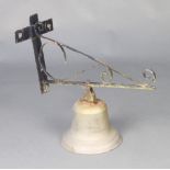 A gilt metal bell 17cm x 32cm with iron bracket 30cm x 24cm x 58cm (the bell has no clapper)