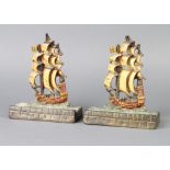 A pair of Art Deco cold painted bronze bookends in the form of 3 masted galleons 15cm h x 13cm w x