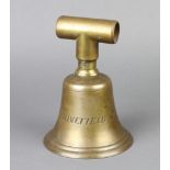 A 19th Century brass bell marked Homefield with later attachment 19cm h x 14cm diam.