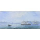 19th Century gouache, vessels off The Grand Harbour Malta 18cm x 40cm
