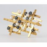 A stylish 1970's 18ct yellow gold sapphire and pearl brooch 51mm x 31mm, 12.5 grams