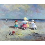 Rossiny, oil on canvas signed, study of children playing on a beach, with Certificate to back 49cm x