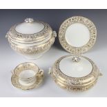 A Wedgwood gold Florentine dinner service comprising 10 two handled cups, 14 saucers, 13 small