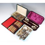 A pair of Edwardian silver plated serving spoons, cased, 2 cased sets and minor cutlery