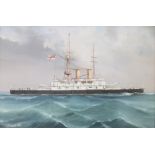 Gaetano D'esposito 1896 (1858-1911), gouache signed, "HMS Howe" with paying off penant 28cm x 44cm