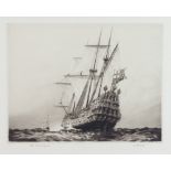K Vernon, etching signed, maritime study 19cm x 23cm