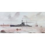 Will C Cluett, watercolour signed, "HMS Queen Elizabeth Portsmouth September 1914" 22cm x 47cm