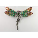 A silver dragonfly brooch pendant set with rubies, peridot, marcasite and enamel 60mm