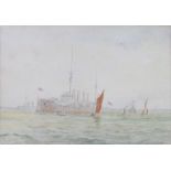 H Capps, watercolour signed, a battle cruiser and vessels 19cm x 27cm