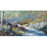 Charles Wyatt Warren (1908-1993), oil on board, study of a snowy river scene 80cm x 33cm, signed and