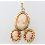 A 9ct yellow gold cameo pendant and earrings, 4.4 grams
