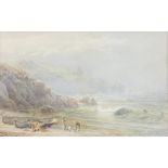 19th Century watercolour, seascape with fishing boats and figures, indistinctly signed to bottom
