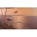 J Andre, oil on canvas Mediterranean sunset scene, seascape with boats 23cm x 98cm