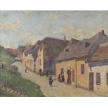 Oil on canvas, Hungarian rural street scene with figures 38cm x 48cm, indistinctly signed to