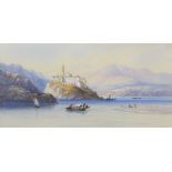 Edward St John (1880-1920), watercolour, Eastern mountain lake scene with island, boats and